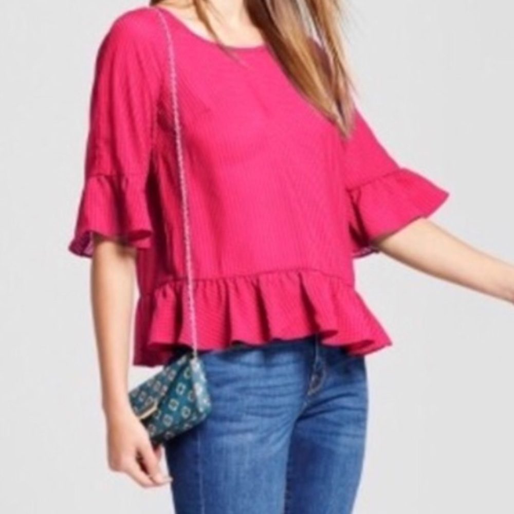A New Day fuchsia pink check bell sleeve top